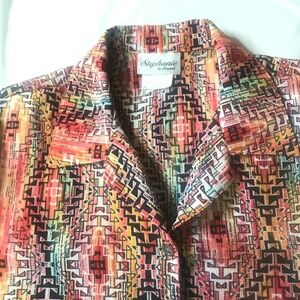 Stephanie by Crystal Tribal Geometric Print Blouse 3/4 Sleeve Multi-Color